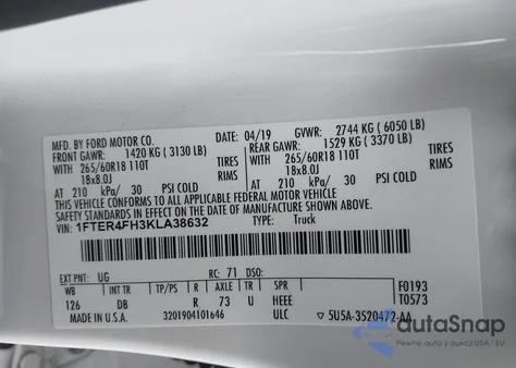 2019 Ford Ranger Lariat from USA, damaged, VIN 1FTER4FH3KLA38632